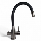 Смеситель для кухни Nordline STONE  с гибким черным изливом, с краном для фильтра оружейная сталь